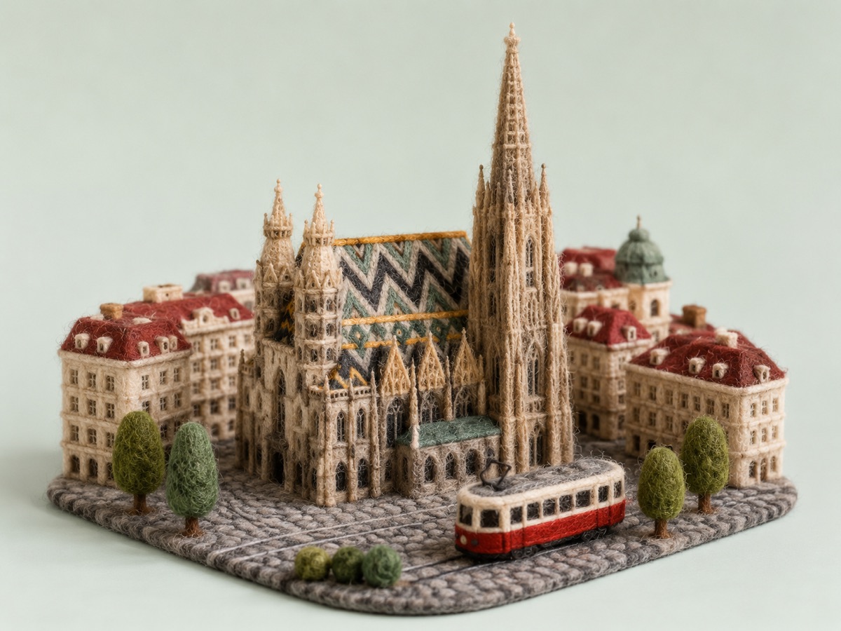 A needle-felt miniature of Vienna, featuring Viennese palaces, a grand museum, a tram, and a classic café