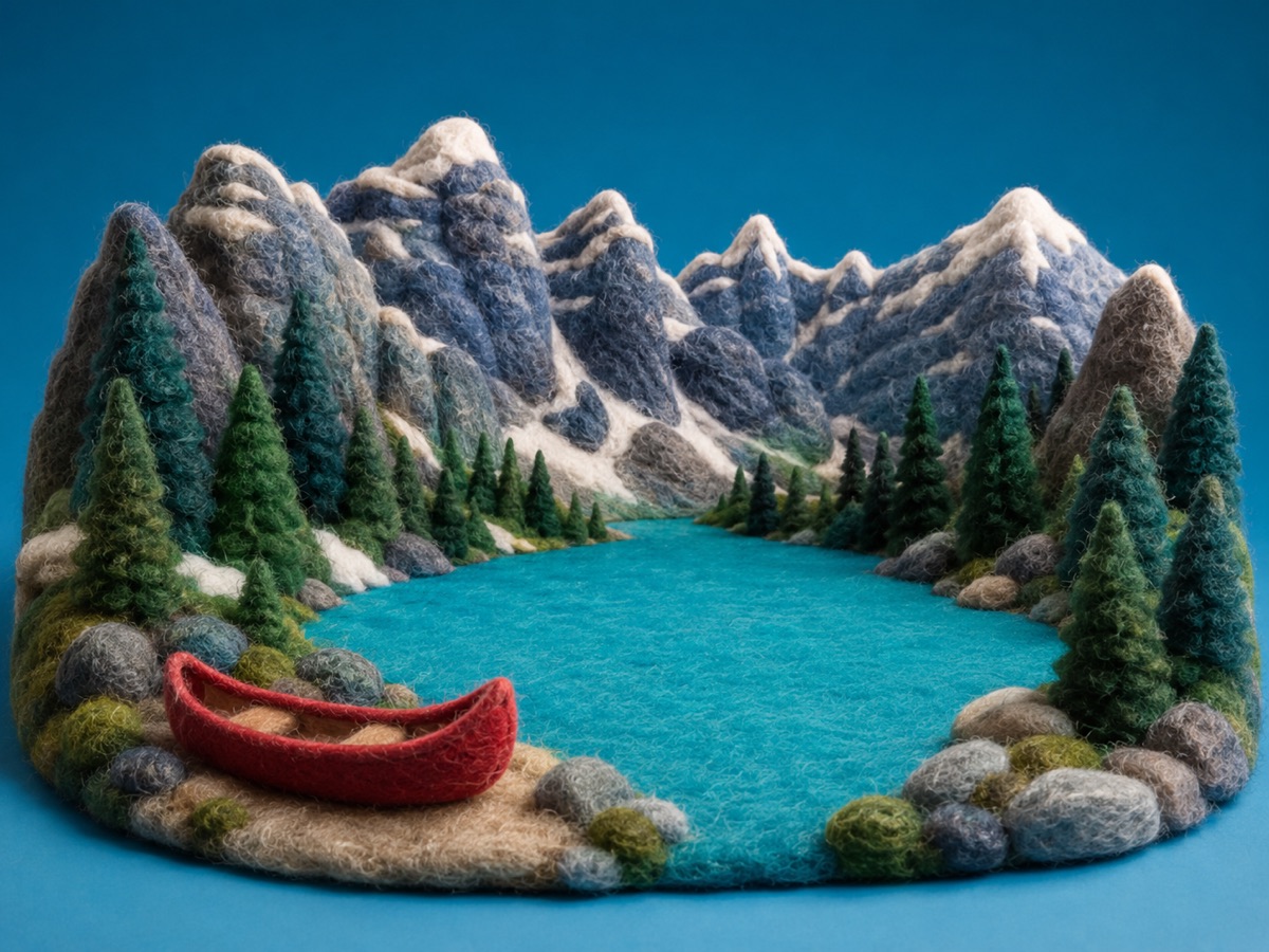 Miniatura de viaje en fieltro punzonado de lago turquesa, montañas nevadas y bosques de Banff.