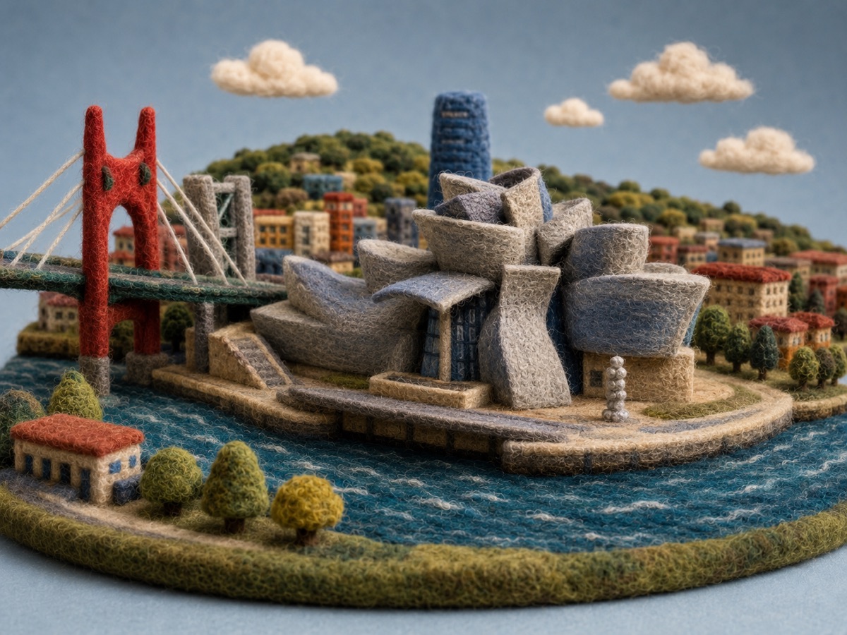A needle-felt miniature of Bilbao, featuring the Guggenheim Bilbao, riverfront bridges, old streets, and pintxos counters