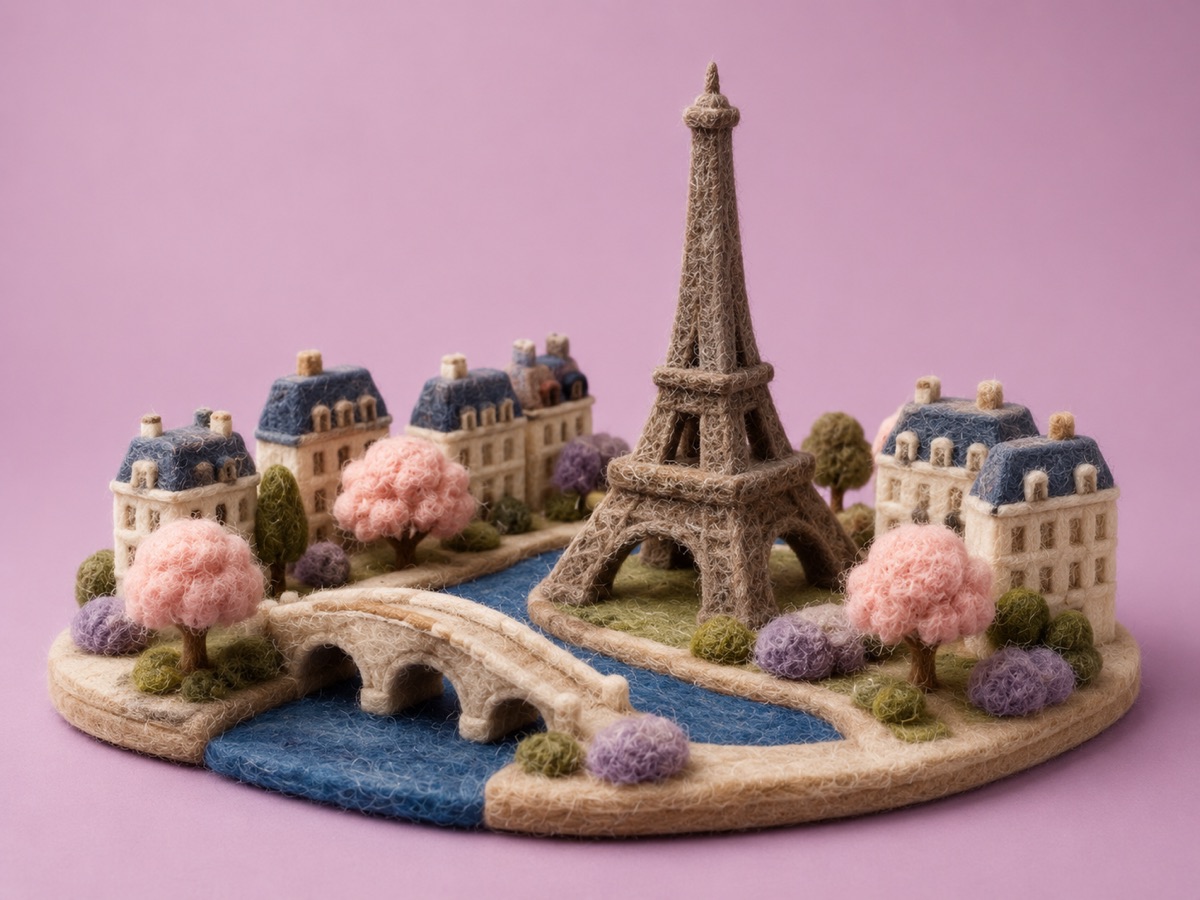 Miniatura de viaje en fieltro punzonado de Sena, puentes, tejados, cafés y monumentos de París.