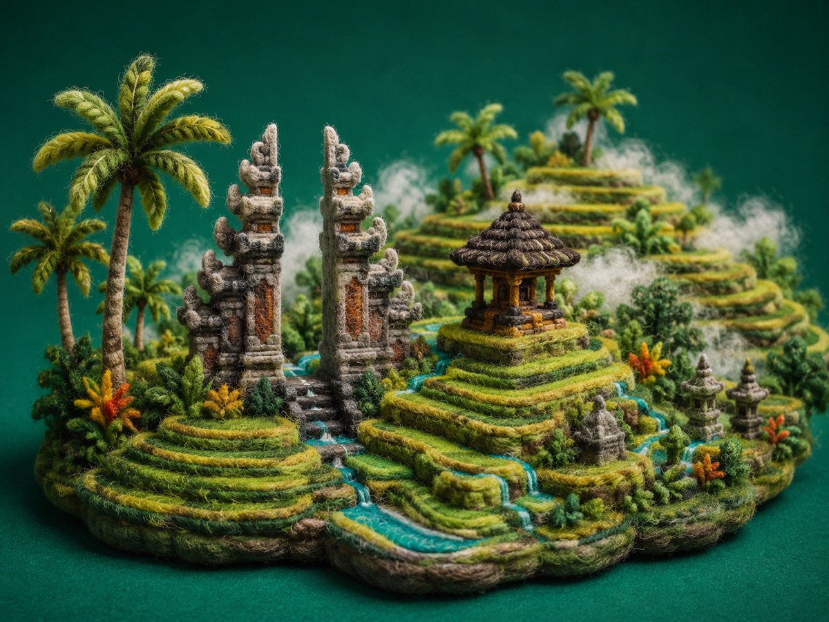 棚田、バリの伝統門、寺院、ヤシの木をニードルフェルトで表現したウブドのミニチュア