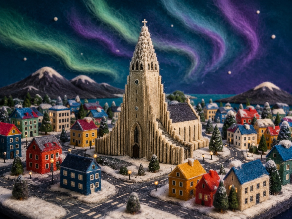 Miniatura de viaje en fieltro punzonado de Hallgrímskirkja, casas de colores, aurora y paisaje volcánico de Reikiavik.