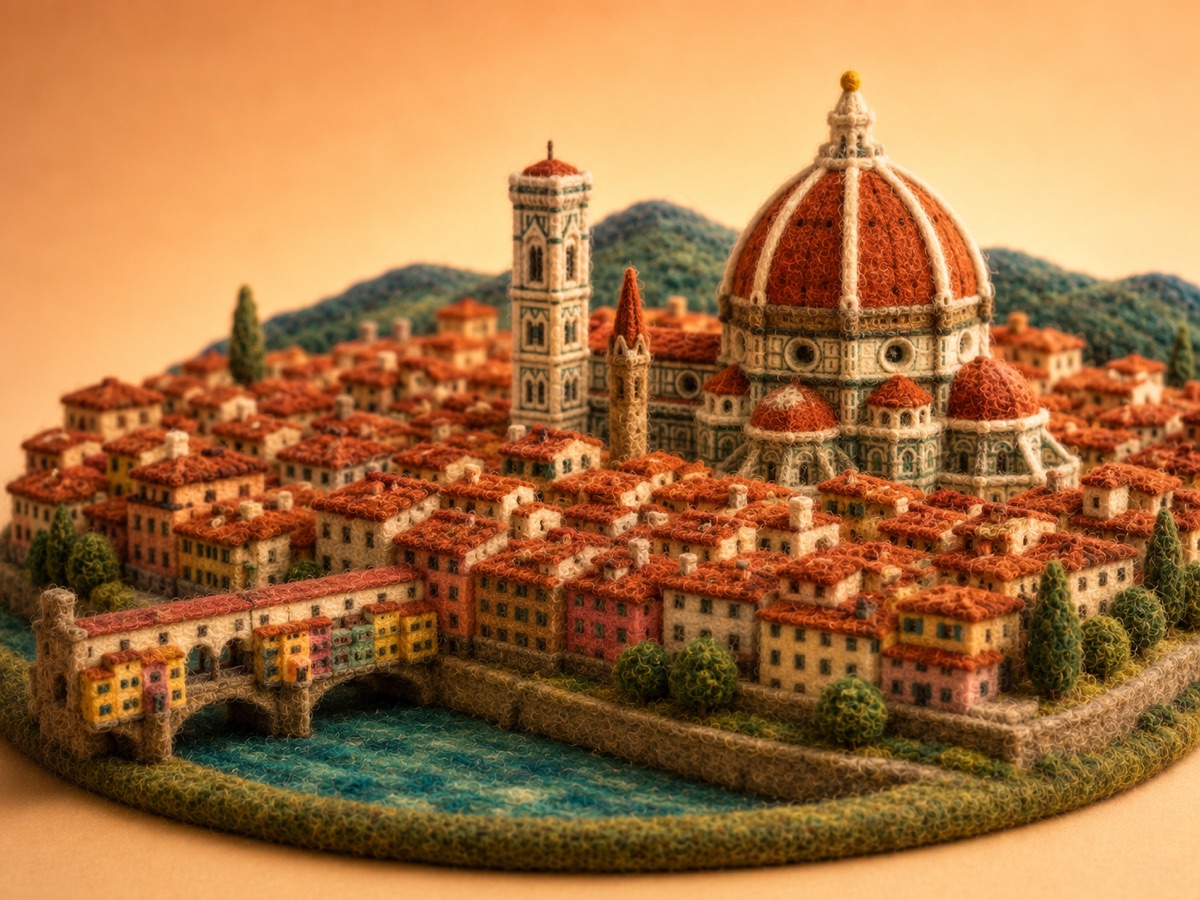 A needle-felt miniature of Florence, featuring Florence's Duomo, Renaissance facades, the Arno, and artisan workshops