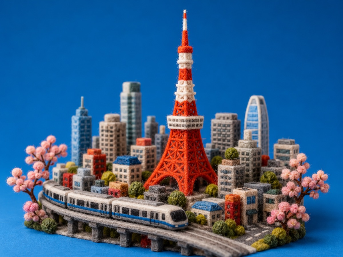 東京タワー、ビル、高架鉄道、桜をニードルフェルトで表現した東京のミニチュア