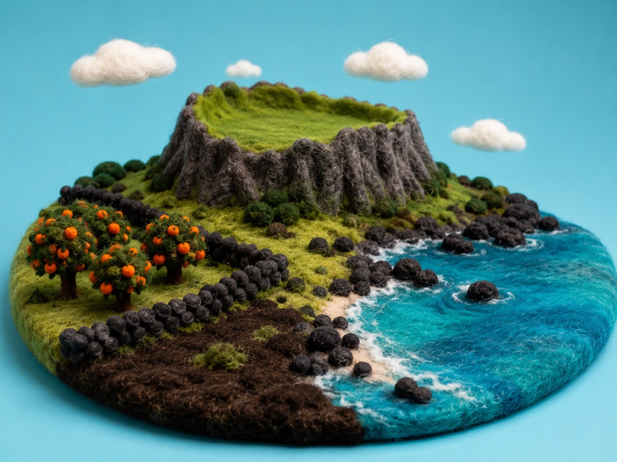 Miniatura de viaje en fieltro punzonado de Seongsan Ilchulbong, costa de basalto negro y árboles de mandarina en Jeju.