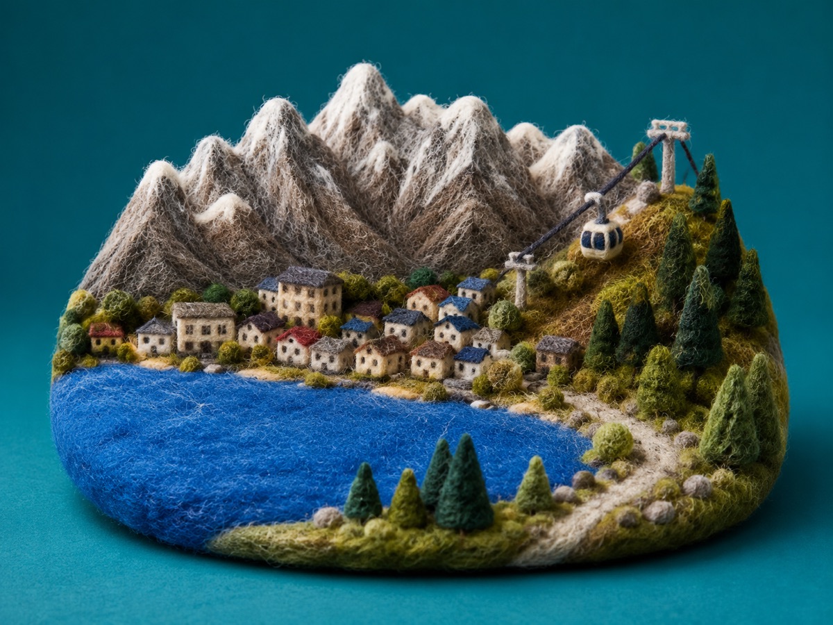 Miniatura de viaje en fieltro punzonado de lago Wakatipu, montañas nevadas, góndola y actividades de Queenstown.