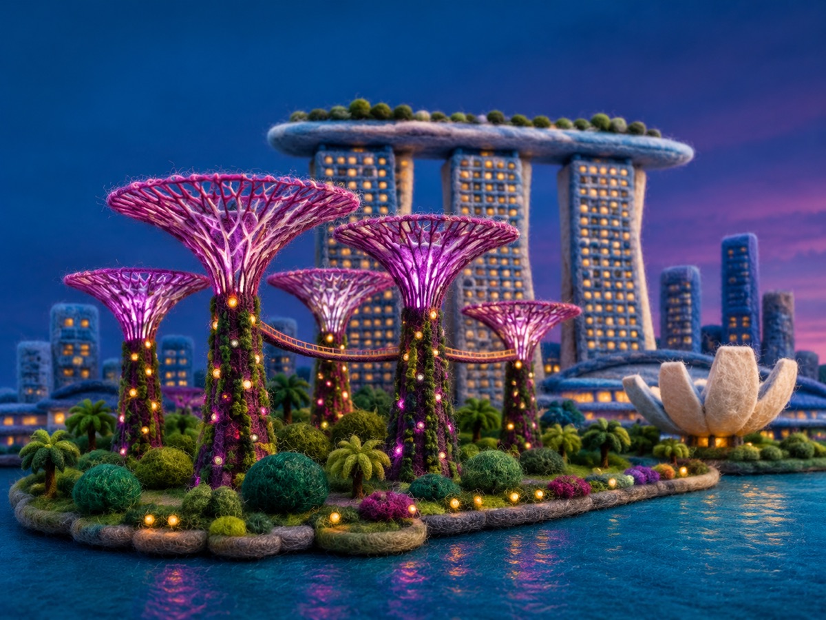 A needle-felt miniature of Singapore, featuring futuristic gardens, a clean skyline, and colorful Singapore shophouses