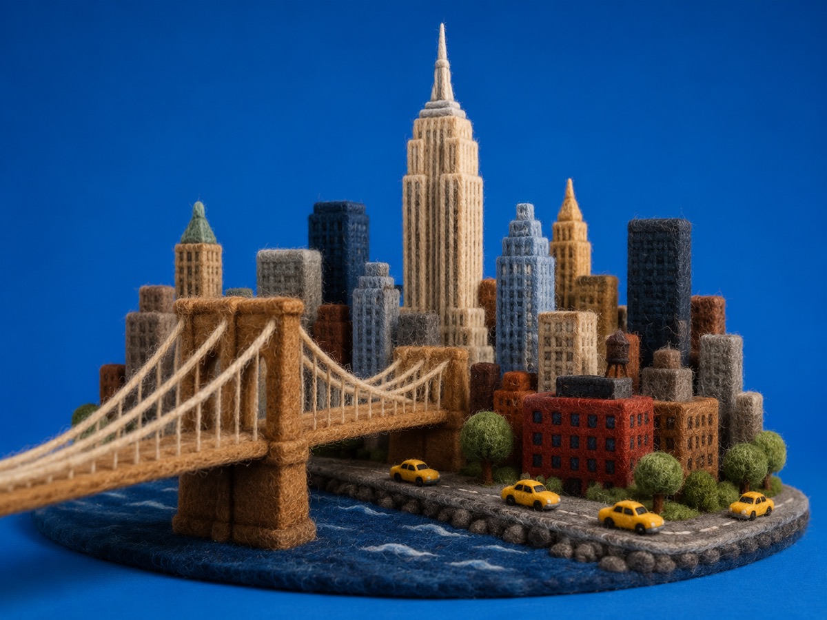 Miniatura de viaje en fieltro punzonado de skyline de Manhattan, puente de Brooklyn, taxis y barrios de Nueva York.