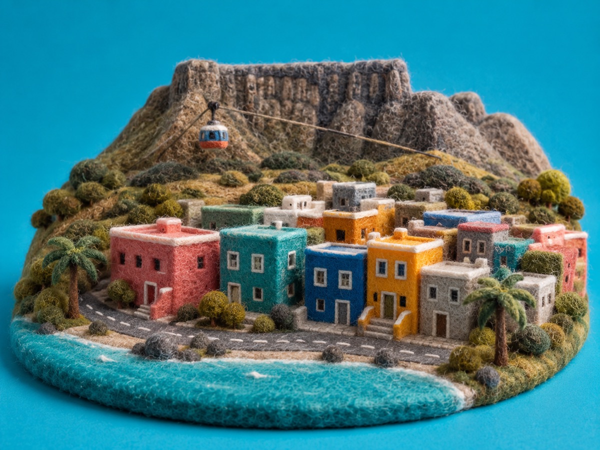 A needle-felt miniature of Cape Town, featuring Table Mountain, Atlantic cliffs, colorful Bo-Kaap houses, and the Cape Town waterfront